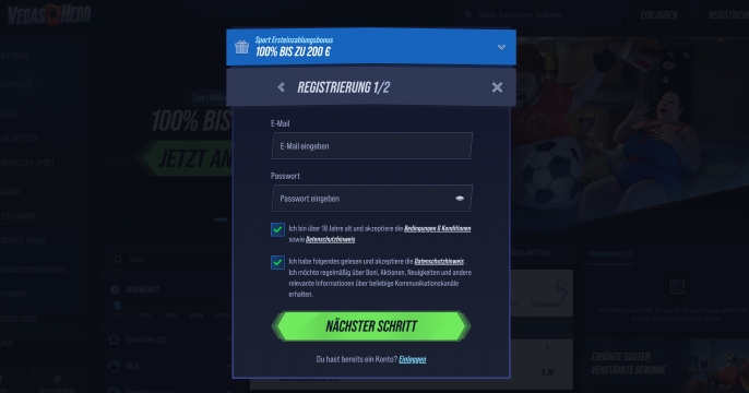 Registrierung im Vegas Hero Casino